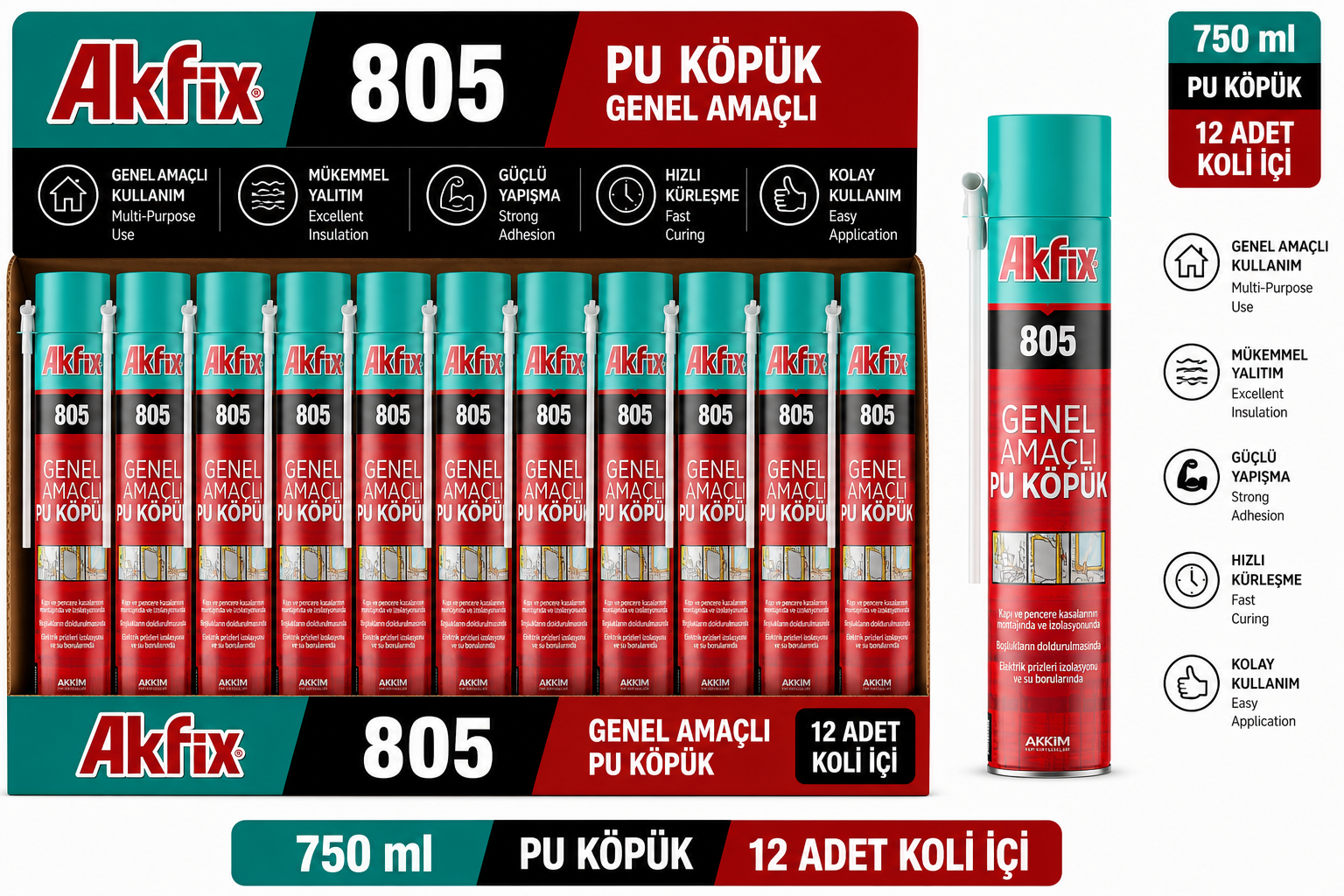 Akfix 805 Poliüretan PU Köpük Pipetli 750 Ml (1 Koli - 12 Adet)