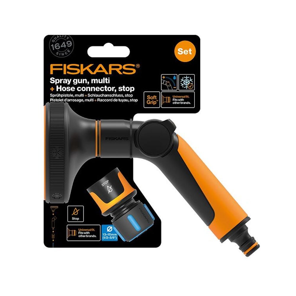 Fiskars 1065492 Çoklu Sulama Tabancası + 13mm Stoplu Hortum Bağlantısı