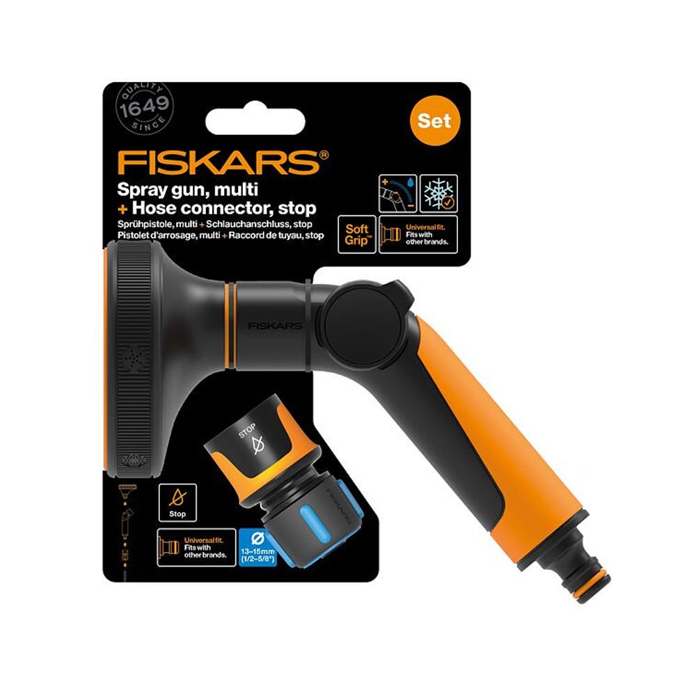 Fiskars 1065492 Çoklu Sulama Tabancası + 13mm Stoplu Hortum Bağlantısı