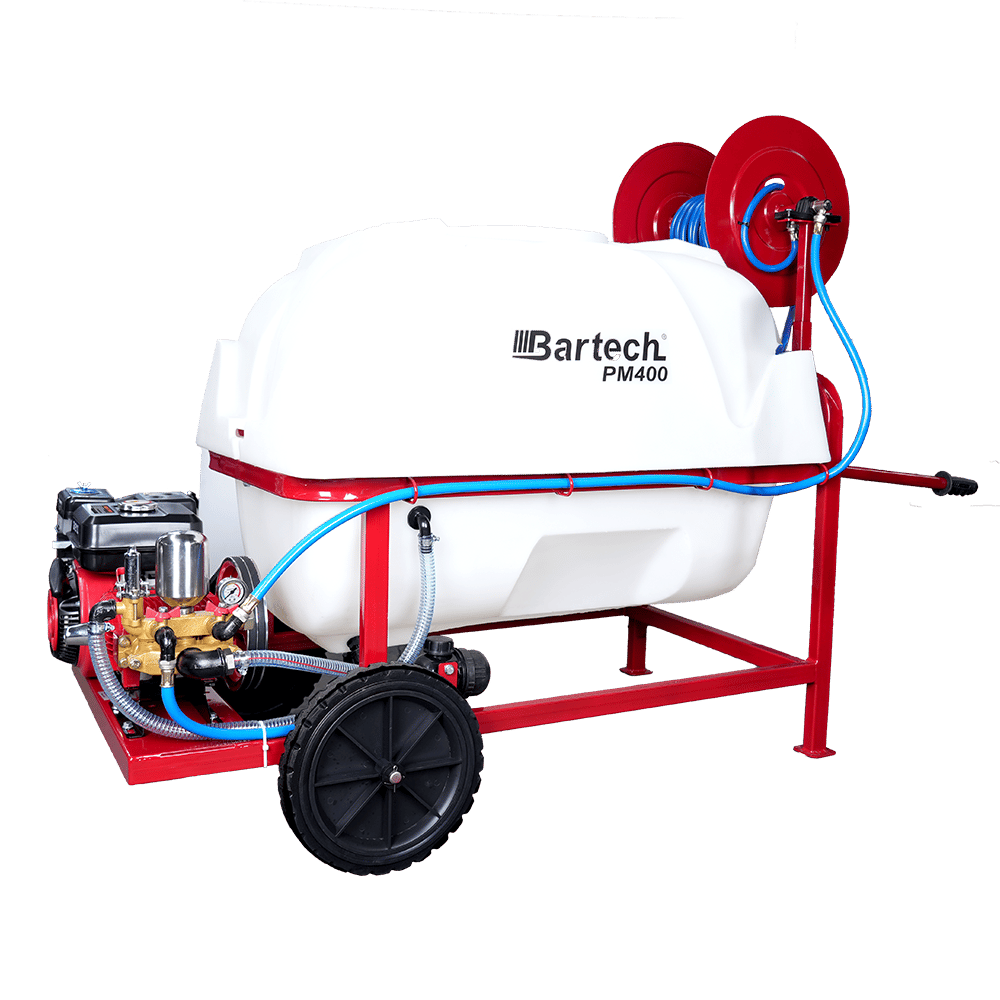 Bartech PM400-Y 400 Litre Benzinli İlaçlama - 22 Lik Akuple Pompa, Makaralı, Tabancalı, Tekerlekli