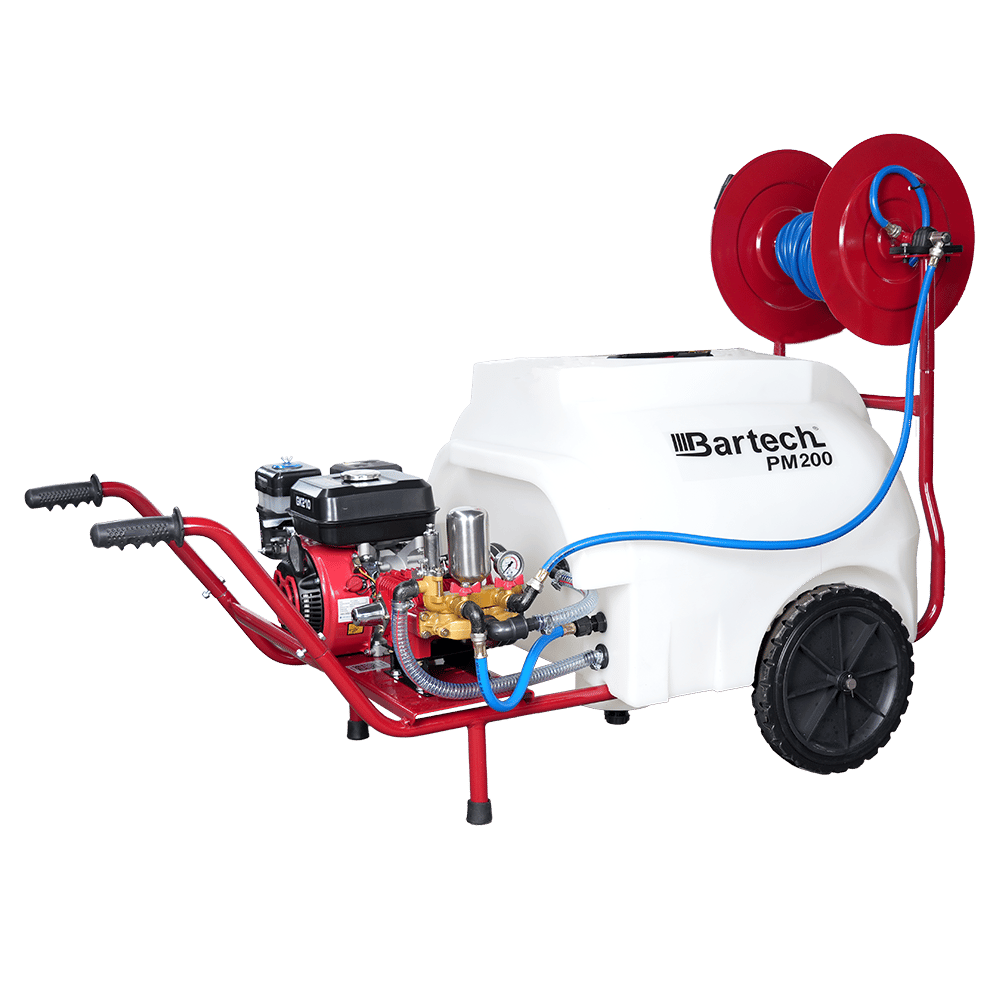 Bartech PM200 200 Litre Benzinli İlaçlama - 22 Lik Pompa, Makaralı, Tabancalı, Tekerlekli