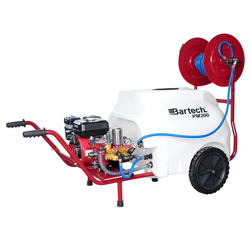 Bartech PM200 200 Litre Benzinli İlaçlama - 22 Lik Akuple Pompa, Makaralı, Tabancalı, Tekerlekli