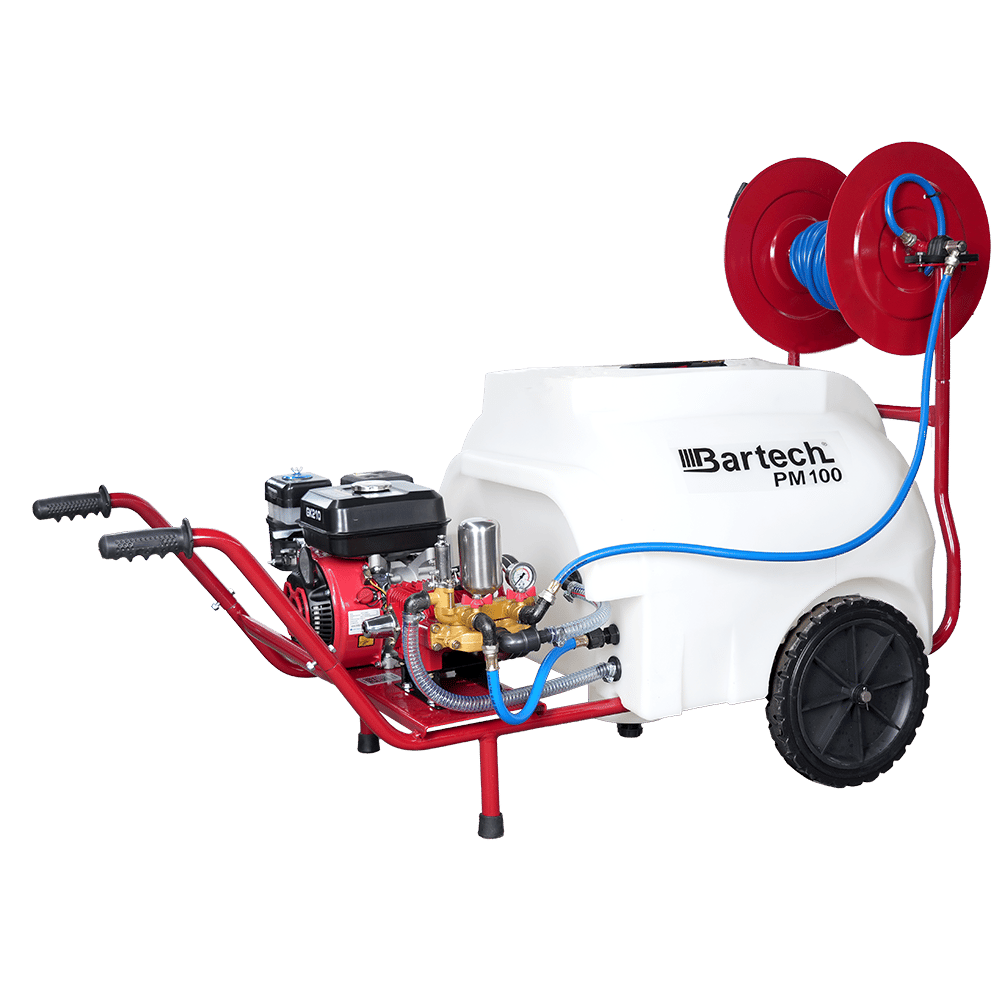 Bartech PM100 100 Litre Benzinli İlaçlama - 22 Lik Pompa, Makaral, Tabancalı, Tekerlekli