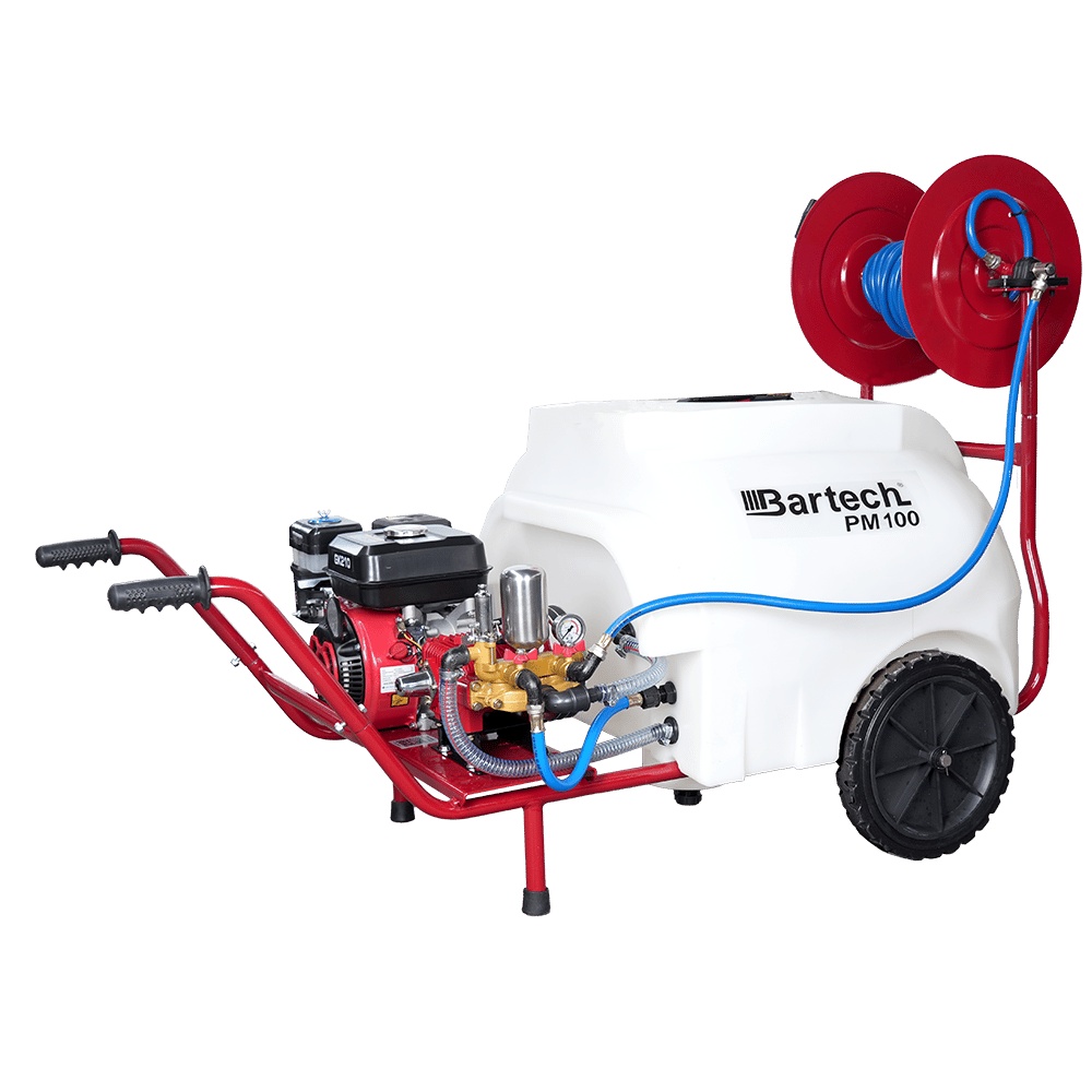 Bartech PM100 100 Litre Benzinli İlaçlama - 22 Lik Akuple Pompa, Makaral, Tabancalı, Tekerlekli