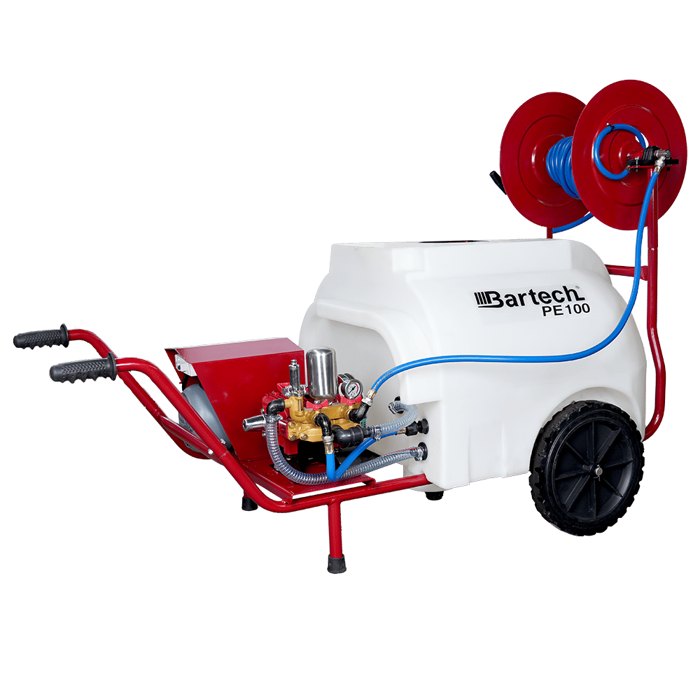 Bartech PE100 100 Litre Elektrikli İlaçlama - 30 Luk Pompa, Makaral, Tabancalı, Tekerlekli