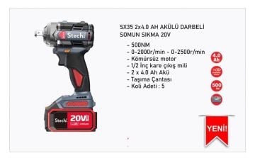 StechEnd SX35-2*4.0 AH Akülü Darbeli Somun Sıkma 20V