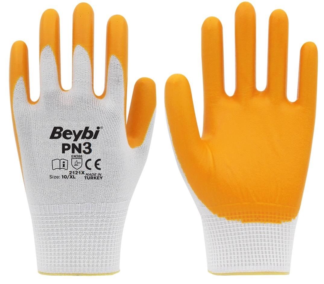 Beybi PN3 Eldiven No:10 (Polyester-Örme-Nitril-Beyaz-Sarı) 144 Çift